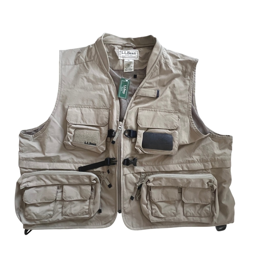 L.L. Bean Fishing Vest Mens XL Khaki Tan Utility Multi-Pocket Ripstop NWT